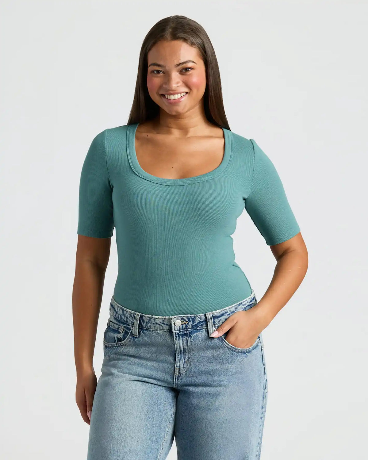 Womens Stormcloud  Ribbed 3/4 Sleeve Scoop Neck Tee